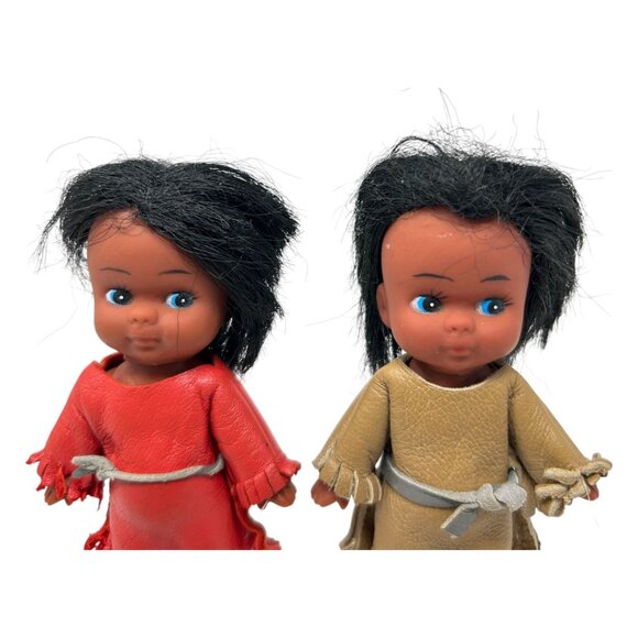 Vintage Carlson Dolls Native American Set Of 2 In Leather Outfits Black Hair - Picture 5 of 12